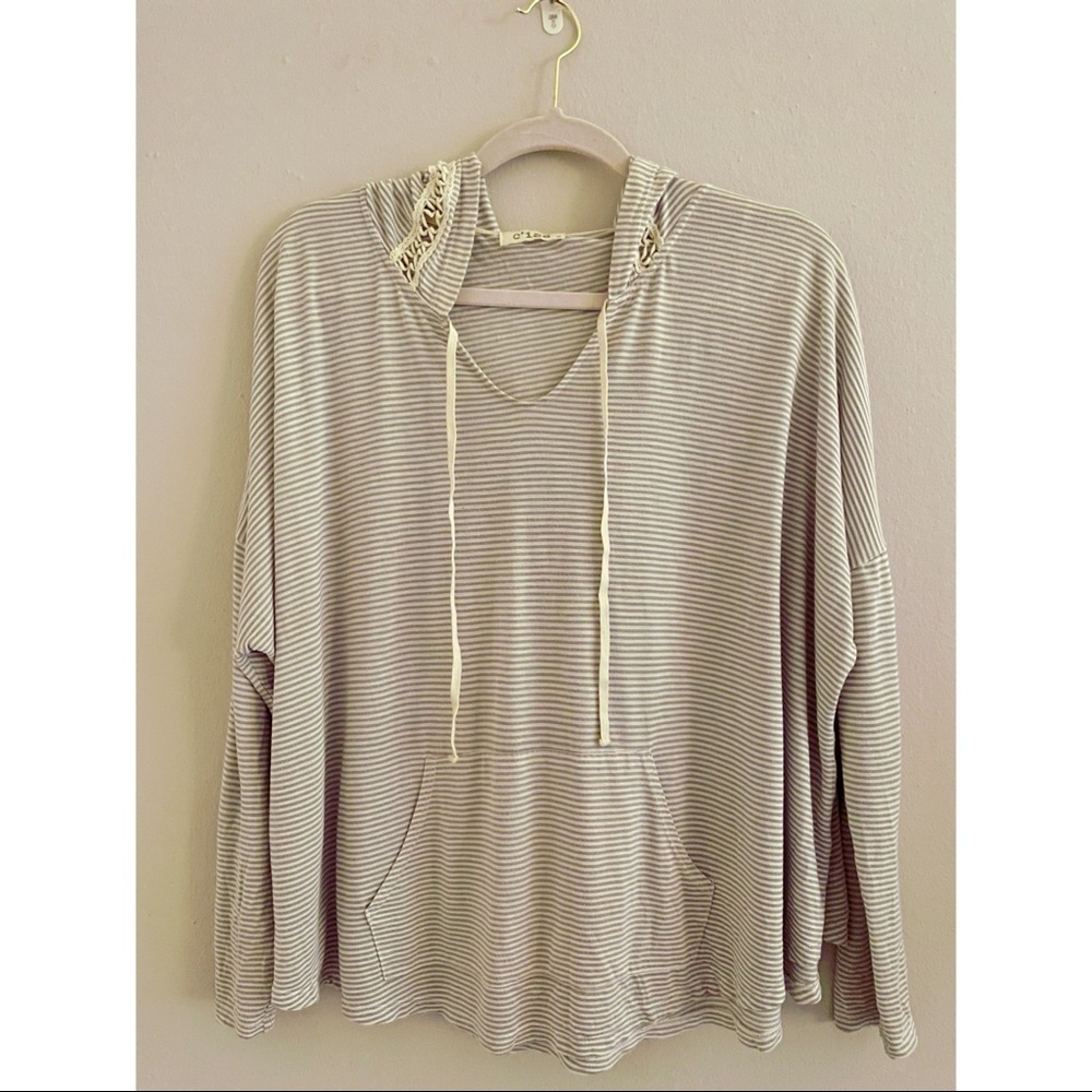 C’isa Grey/Creme Striped Hoodie with Crochet Hood